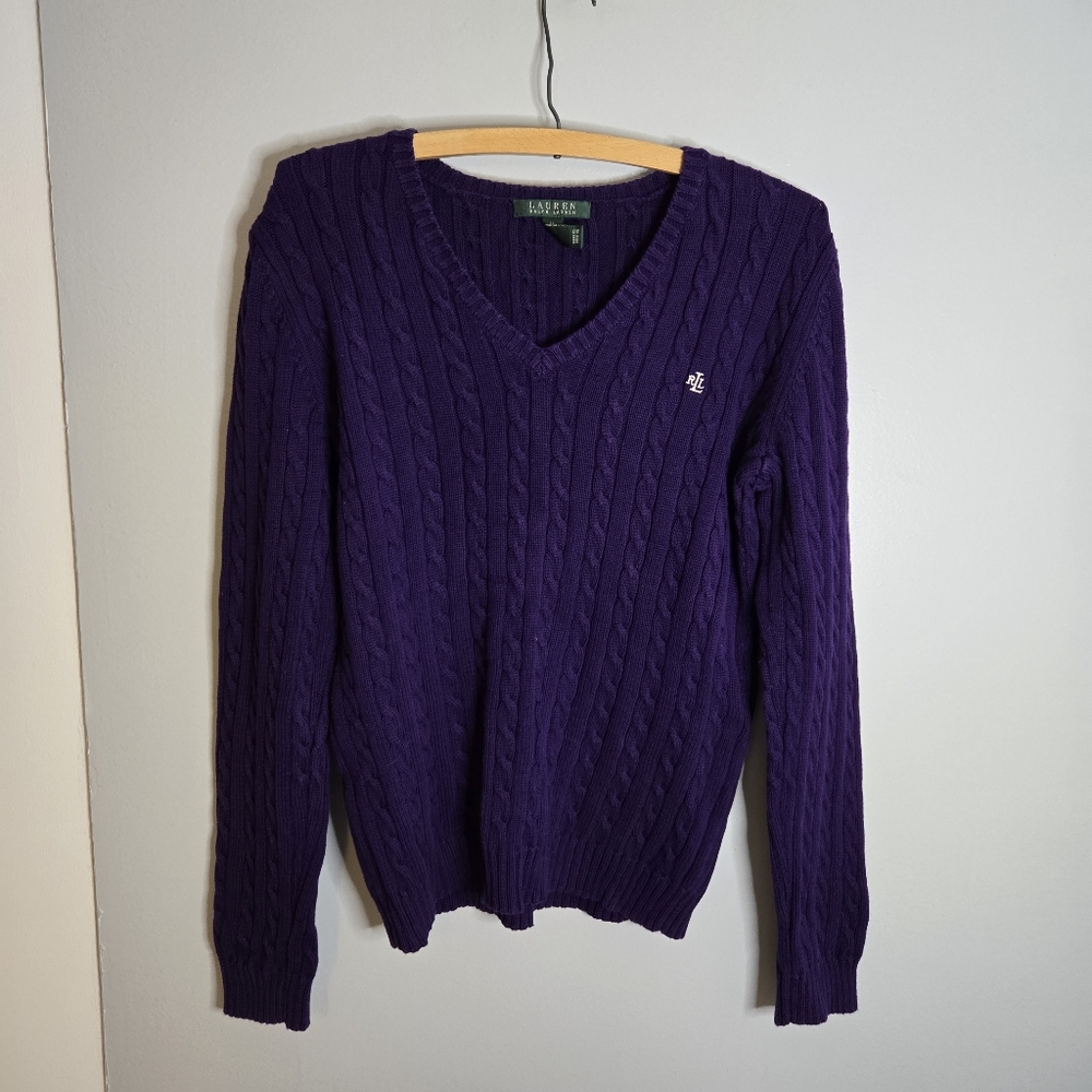 Lauren Ralph Lauren Cable Knit Vneck Sweater M Purple Old Money Tennis Prep